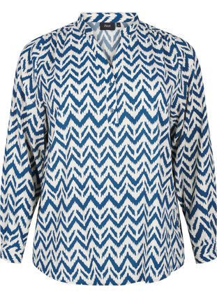 Zizzi Långärmad skjortblus med V-ringning, OFF WHITE ZIG ZAG, Packshot image number 0