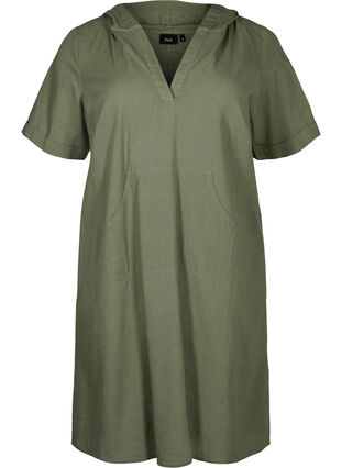 Zizzi Huvklänning i bomullsblandning med linne, Deep Lichen Green, Packshot image number 0