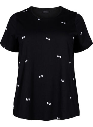 Zizzi T-shirt i ekologisk bomull med rosetter., Black W. Bow Emb. , Packshot image number 0