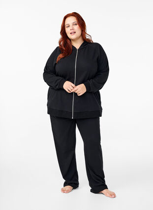 Zizzi Kofta i sweatshirt material med huva och fickor, Black, Model image number 2