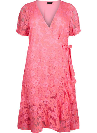 Zizzi Omlottklänning med spets och korta ärmar, Pink Carnation, Packshot image number 0