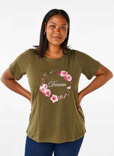 Zizzi T-shirt från FLASH med tryck, Olive Night Flower, Model image number 0