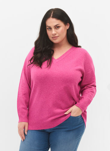 Zizzi Melerad pullover med V-ringning, Rose V. w. White Mel, Model image number 0