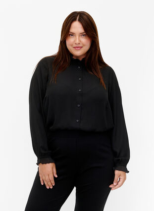 Zizzi Skjortblus med volangdetaljer, Black, Model image number 0