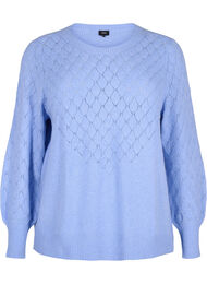 Stickad blus med spetsmönster, Cornflower Blue Mel.