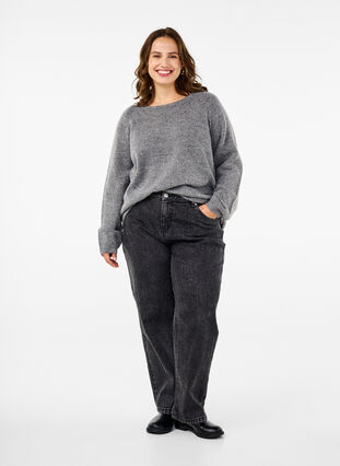 Zizzi Löst sittande stickad blus med rund hals, Medium Grey Melange, Model image number 2