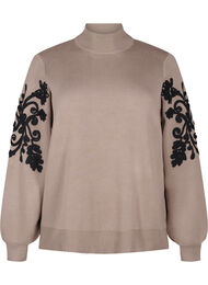 Stickad blus med broderi, Desert Taupe Comb