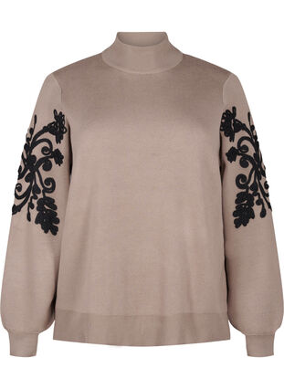 Zizzi Stickad blus med broderi, Desert Taupe Comb, Packshot image number 0