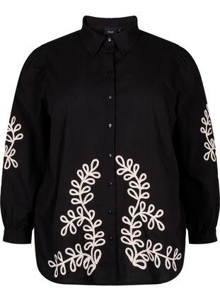 Zizzi Löst sittande bomullsskjorta med broderi, Black, Packshot image number 0