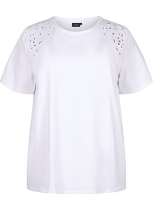 Zizzi T-shirt i ekologisk bomull med broderade detaljer, Bright White, Packshot image number 0