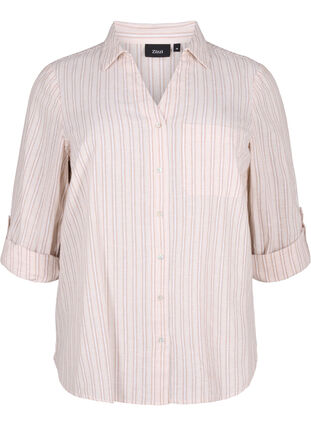 Zizzi Skjortblus med knäppning i bomulls- och linneblandning, Sandshell White, Packshot image number 0