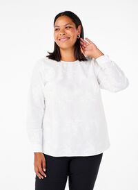 Långärmad blus med broderi, Bright White, Model