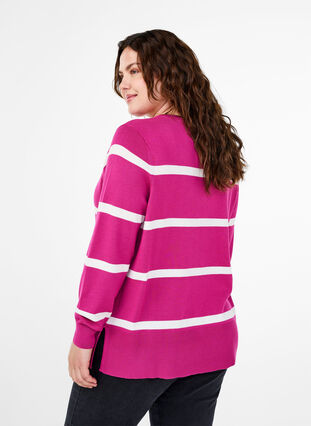 Zizzi Stickad viskosblus med ränder, Fuchsia Red Comb, Model image number 1