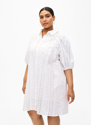 Zizzi Skjortklänning i bomull med broderi anglaise, Off White, Model image number 0