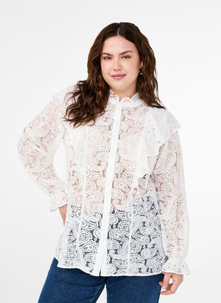 Zizzi Skjortblus i spets med volangdetalj, Snow White, Model image number 0