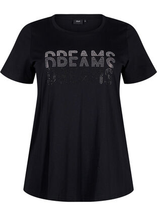 Zizzi T-shirt i bomull med strassmotiv, Black w. Dream, Packshot image number 0