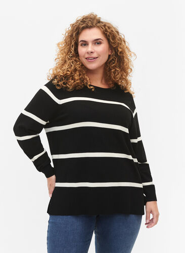 Zizzi Stickad viskosblus med ränder, Black Comb, Model image number 0