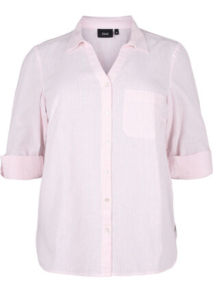 Zizzi Skjortblus med knäppning i en blandning av bomull och linne, Rosebloom White, Packshot image number 0
