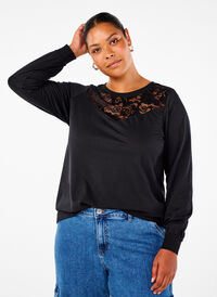 Sweatshirt med spetsdetaljer, Black, Model