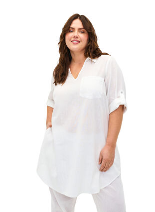 Zizzi Kortärmad tunika i bomullsblandning med linne, Bright White, Model image number 0