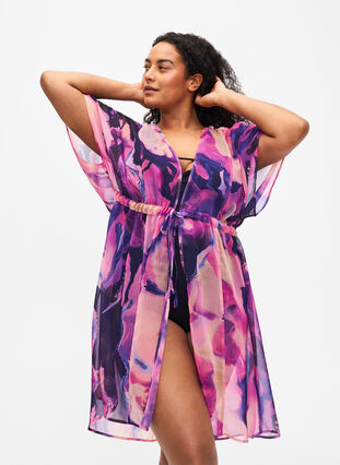 Zizzi Strandkimono med tryck, Purple Swirl, Model image number 0