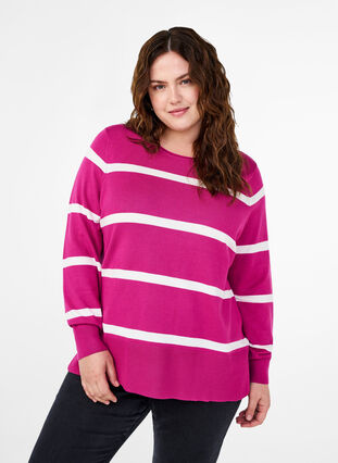 Zizzi Stickad viskosblus med ränder, Fuchsia Red Comb, Model image number 0