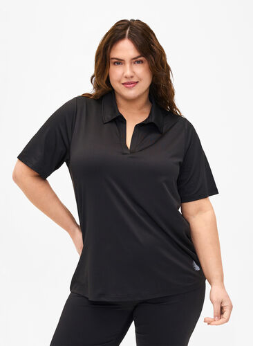 Zizzi Polo t-shirt med v-ringning, Black, Model image number 0