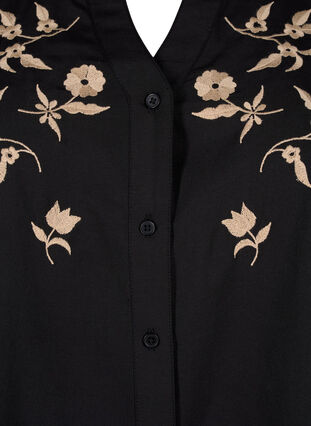 Zizzi Skjortblus med broderade blommor och trekvartsärmar, Black W. Beige Emb. , Packshot image number 2