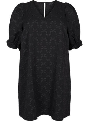 Zizzi Kort jacquardklänning med rosetter, Black W. Bow, Packshot image number 0