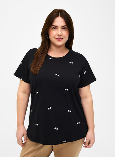 Zizzi T-shirt i ekologisk bomull med rosetter., Black W. Bow Emb. , Model image number 0