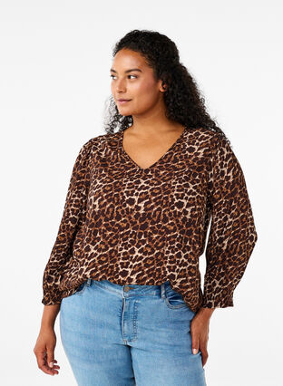 Zizzi Leopardmönstrad blus med trekvartsärm, Leo AOP, Model image number 0