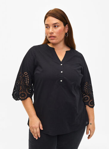 Zizzi Skjortblus med broderie anglaise och 3/4-ärmar, Black, Model image number 0