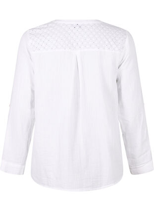 Zizzi Bomullsblus med broderie anglaise och trekvartsärm, Bright White, Packshot image number 1