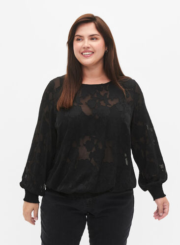 Zizzi Jacquardblus med smock, Black, Model image number 0