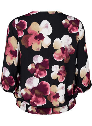 Zizzi Blus i viskos med tryck och smock, Black Pink FlowerAOP, Packshot image number 1