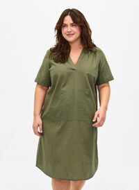 Huvklänning i bomullsblandning med linne, Deep Lichen Green, Model