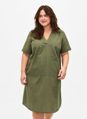 Zizzi Huvklänning i bomullsblandning med linne, Deep Lichen Green, Model image number 0
