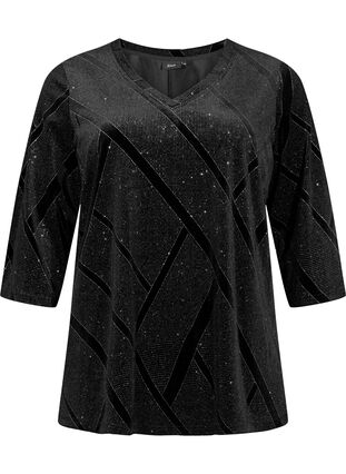 Zizzi Blus i velour med glitter och trekvartsärm, Black, Packshot image number 0