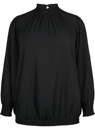 Zizzi FLASH – Långärmad blus med smock och glitter	, Black w. Silver, Packshot image number 0