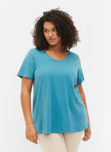 Zizzi Enfärgad t-shirt i bomull, Brittany Blue, Model image number 0