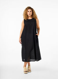 Ärmlös klänning i bomulls- och linneblandning, Black, Model