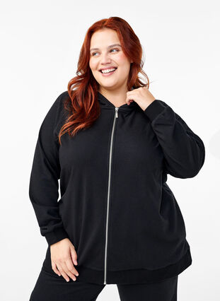 Zizzi Kofta i sweatshirt material med huva och fickor, Black, Model image number 0