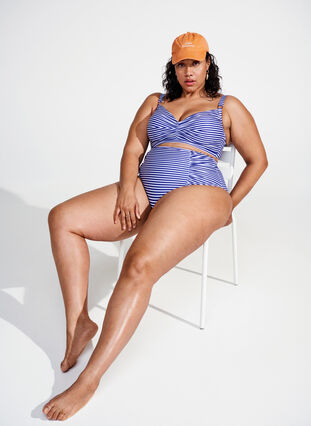 Zizzi Randig bikiniunderdel med hög midja, Blue Striped, Image image number 0