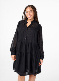Kort klänning med volangkrage och struktur, Black, Model