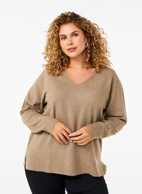 Stickad blus med V-ringning, Desert Taupe Melange, Model