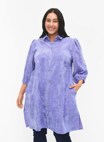 Zizzi Klänning i sammet med 3/4-ärm och knappar	, Lavender Violet, Model image number 0