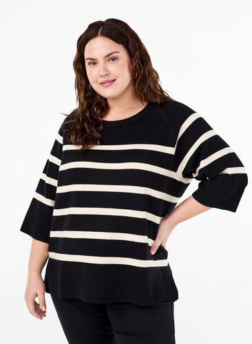 Zizzi Stickad blus med 3/4-ärm och ränder, Black Birch Stripes, Model image number 0