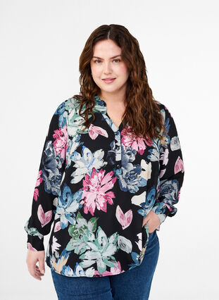 Zizzi Långärmad blus med blommigt tryck, Rose Flower AOP, Model image number 0