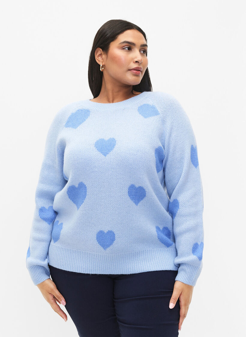 Pullover med hjärtan - Blå - - Zizzi 42-60 Strl