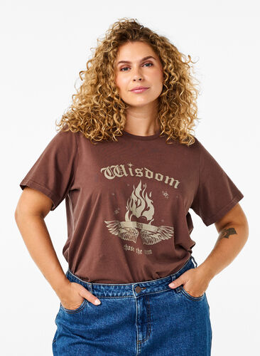 Zizzi T-shirt i ekologisk bomull med tryck, Brown Wash W. Wisdom, Model image number 0